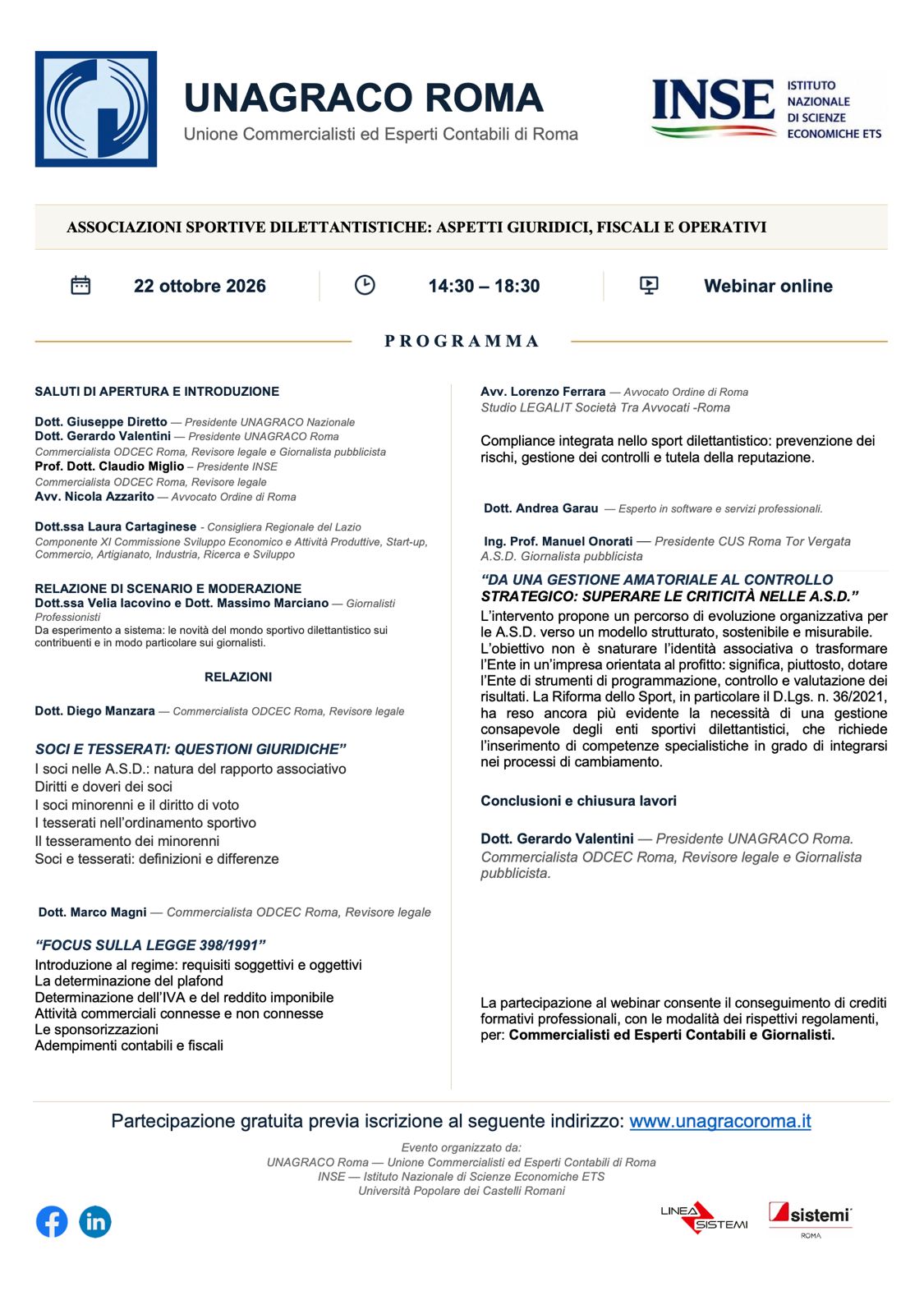 Locandina del webinar Associazioni sportive dilettantistiche: aspetti giuridici, fiscali e operativi, 22 ottobre 2026, ore 14:30–18:30. Il programma è riportato anche nel testo della pagina.